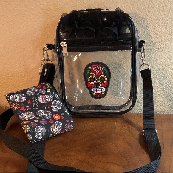 Sugar Skull Clear Crossbody Bag and Detachable Card Holder - Picture 1 of 6